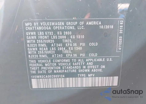2019 Volkswagen Atlas 3.6L V6 Se W/Technology из США, поврежденный, VIN 1V2WR2CA0KC503124